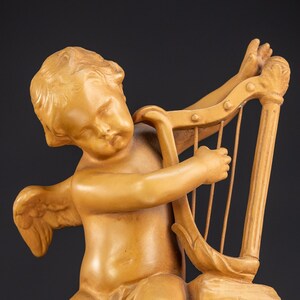 Angel Sculpture | French Antique Terracotta Cherub Statue | Early 1900s Putto Playing Harp Figure | 11.4"/ 29 cm Large