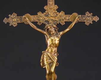 Altar Crucifix | 1800s Gilded Bronze Standing Cross | 19th Century Antique Corpus Christi / Jesus Christ Crucifixion | 19.1" / 48.5 cm