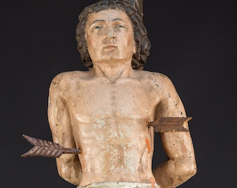RARE 27.8” / 70.5 cm Large Saint Sebastian Wooden Sculpture from the 17th Century | 1600s Antique Healer and Martyr Wood Carving Statue