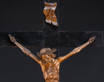 Wall Crucifix | 1800s Antique Wooden Church Cross | Gilded Wood Corpus Christi / Jesus Christ 19th Century Carving | 26" / 66 cm