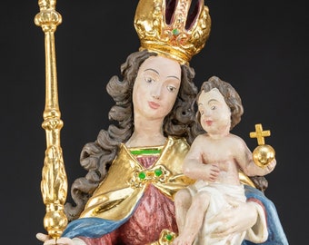 Virgin Mary with Infant Jesus Wooden Sculpture | Vintage Madonna with Child Christ Wood Carving Statue | 26”/ 66 cm Large