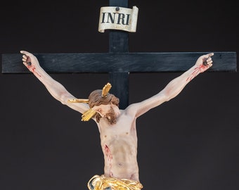 Altar Crucifix | 1700s Baroque Standing Wooden Cross | 18th Century Crucifixion Corpus Christi / Jesus Christ Figure | 33.9" / 86 cm Large