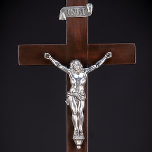 Altar Crucifix | Antique 19th Century Standing Wooden Cross | Solid Silver Jesus Christ - Memento Mori | 20.1" / 51 cm Large