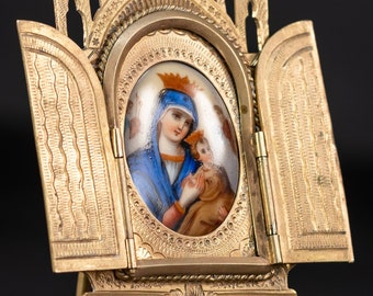 Madonna with Infant Jesus Porcelain Painting | 1800s Antique Virgin Mary with Baby Christ Brass Frame Icon | 7.1" / 18 cm