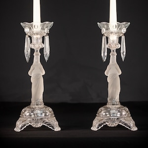 Pair of Candlesticks | Two French 1800s Antique Glass Candle Holders | Sacred Heart Figure | 13&quot; / 33 cm Large