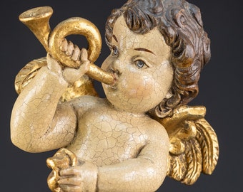Angel Sculpture | Italian Wooden Messenger to God Playing Trumpet Statue | Archangel God's Servant Vintage Figure | 15" / 38.5cm Large