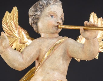 Angel Sculpture | Italian Wooden Messenger to God Archangel Playing Trumpet Statue | God's Servant Vintage Figure | 12.4" / 31.5cm Large