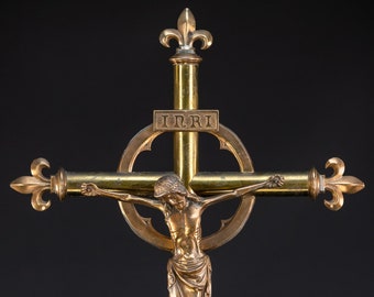 Altar Crucifix | 1800s Gilded Bronze Standing Cross | 19th Century Antique Corpus Christi / Jesus Christ Crucifixion | 25.6" / 65 cm