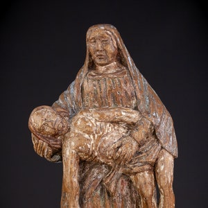 RARE Pieta Sculpture from the 16th Century | Virgin Mary Cradling Jesus Christ Wooden Statue | 1500s Antique Wood Carving | 17.1&quot; / 43.5 cm