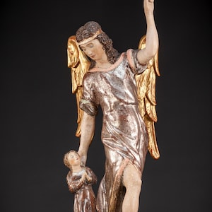 RARE Saint Raphael The Archangel with Tobias Wooden Sculpture | 1700s Antique Wood Carving Angel Statue | 20.5” / 52 cm Large