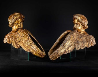 Pair of Antique Angels Sculptures | 18th Century Spanish Wooden Statues | 1700s Wood Carving Church Figures | 22.4" / 57 cm Large