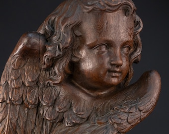 Antique Angel Sculpture A | 1700s Baroque Wooden Archangel Statue | 18th Century Wood Carving Cherub Figure | 13" / 33 cm Large