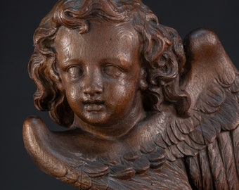 Antique Angel Sculpture B | 1700s Baroque Wooden Archangel Statue | 18th Century Wood Carving Cherub Figure | 12.2" / 31 cm Large