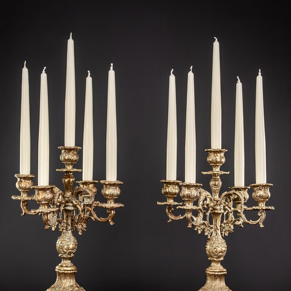 Candelabra Pair | Two Candle Holders | 2 Gilded Bronze | Baroque Gilt 5 Lights / Arms | 15" Large