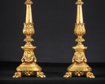 Pair of Candlesticks | Two French 1800s Antique Gilded Wood Altar Candle Holders | 21.7" / 55 cm Large