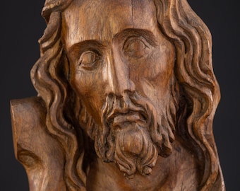 Antique 19th Century Jesus Wood Carving Sculpture | 1800s Wooden Christ Wooden Statue | 7.3" / 18.5 cm Large