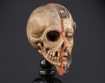 Very RARE Memento Mori | 1700s Antique French Wooden Vanitas Skull and Crossbones | 18th Century Wood Carving Death