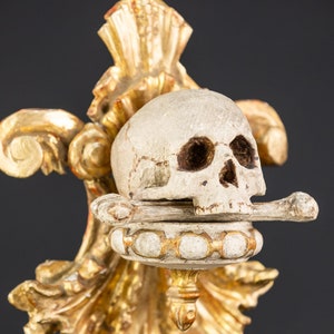 Memento Mori Statue | French 1700s Gilded Wood Carving Skull | 18th Century Wooden Vanitas | Antique Death | 9.8&quot; / 25 cm Large