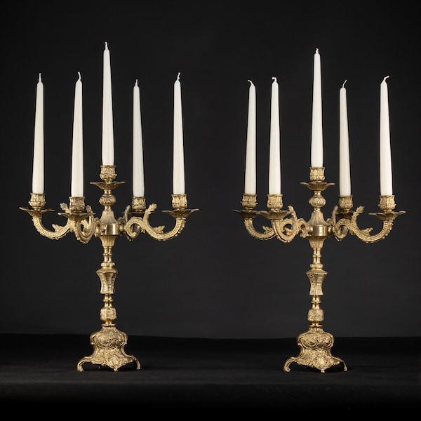 Pair of French Vintage Bronze Candelabras | 2 French 5 Arms / Tiers / Lights Gilded Candle Holders | 16.5"/ 42 cm Large