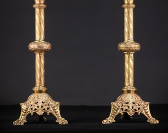 Pair of Gothic Pricket Candlesticks | 1800s Antique French Bronze Candle Holders | 19th Century Sconces | 22.4" / 57 cm Large