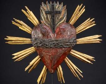 Sacred Heart of Jesus Wooden Sculpture from 19th Century | Antique 1800s Christ Heart Wood Carving Statue | 15" / 33 cm Large