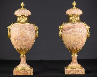 Pair of Covered Urns | Two French 1800s Antique Cassolettes Pink Marble and Gilt Bronze Louis XVI Neoclassical Vases | 17.7 / 45 cm Large