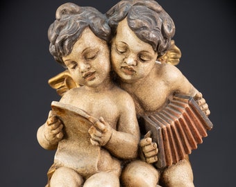 Pair of Angels Sculpture | Two Vintage Italian Wooden Winged Cherubs Wood Carving Statue | Mid 1900s Wooden Figure | 13.4 " / 34 cm Large