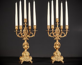 Candelabras Pair | Two Gilded Bronze Candle Holders from the mid 1900s | Vintage Baroque Sconces with 10 Arms / Lights | 16.5"/ 42 cm large