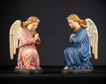 Pair of Kneeling and Praying Angel Sculptures | Two 1800s Antique Winged Putti Statues | 19th Century Wood Carving Cherubs | 13" / 33 cm