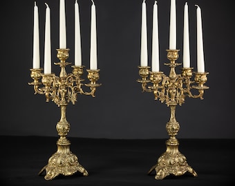 Pair of Bronze Candelabras | Two French Baroque Candle Holders | 2 Gilded 5 Lights / Arms / Tiers Chandeliers | 17.5" / 44.5 cm Large