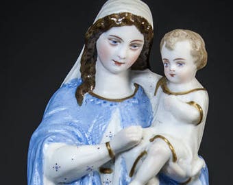 Beautiful Antique Madonna w Child Jesus Bisque Porcelain Statue Virgin Mary 6