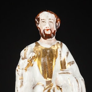 St Joseph Statue | Antique Vieux Paris Bisque Porcelain Figure | 1800s Figurine