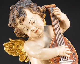 Angel Sculpture | Italian Wooden Cherub Playing Mandolin Statue | Wood Carved Putto Vintage Figure | 15" / 38 cm Large