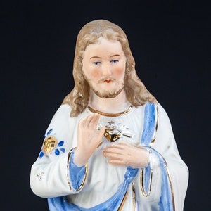 Sacred Heart of Jesus Statue | Antique Porcelain Christ Figure | Religious Bisque Figurine | 10.4&quot; / 26.5 cm Large