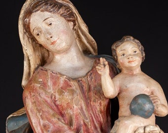 Madonna and Child 1700s Italian Terracotta Sculpture | Virgin Mary with Baby Jesus 18th Century Statue | 23.2” / 59 cm Large