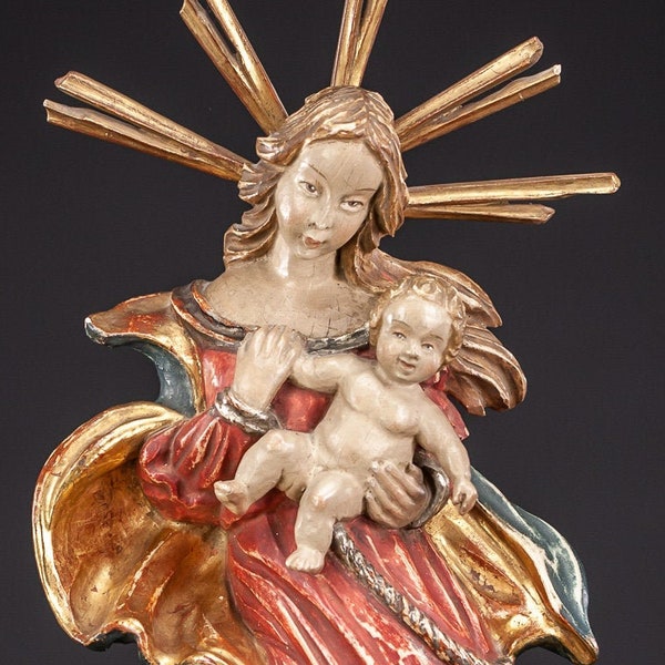 Madonna mit Christuskind Holzskulptur | Statue der Jungfrau Maria mit dem Jesuskind | Vintage Holzschnitzerei | 19,7 Zoll / 50 cm groß