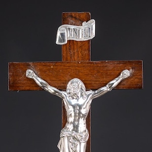 Altar Crucifix | 18th Century Antique Standing Wooden Cross with Solid Silver Jesus Christ and INRI Sign from the 1700s | 22" / 56 cm Large