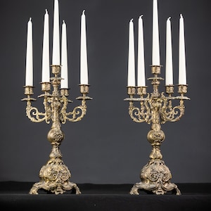Candelabras Pair | Two Bronze Candle Holders from the mid 1900s | Vintage Baroque Chandeliers with 10 Lights | 16.5&quot;/ 42 cm