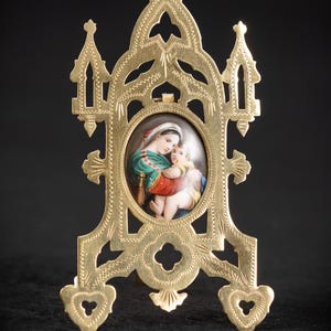Madonna with Infant Jesus Porcelain Painting | 1800s Antique Virgin Mary with Baby Christ Brass Frame Icon | 6.5&quot; / 16.5 cm