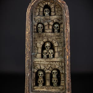A RARE Memento Mori | 1700s Antique French Wooden Shrine Skulls  | 18th Century Wood Carving Death | 10.2&quot; / 26 cm Large