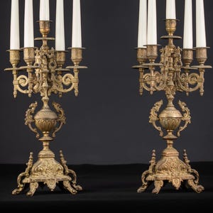 Pair of Candelabras | Two Bronze Candle Holders from the mid 1900s | Baroque Vintage Chandeliers with 10 Lights / Arms | 16.5&quot;/ 42 cm large
