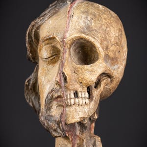 RARE Memento Mori Double-Sided | Italian 1700s Wooden Double-Face Skull | 18th Century Vanitas Death | 7.3&quot; / 18.5 cm Large