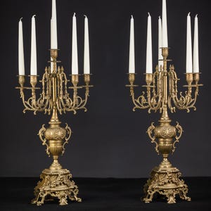 Pair of Candelabras | Two Baroque Bronze Candle Holders from the mid 1900s | Vintage Chandeliers with 6 Lights Arms Each | 27.2&quot;/ 69cm large