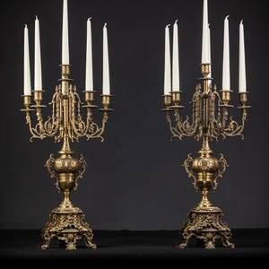 Pair of Bronze Candelabras | Two Gilded Bronze Candle Holders from mid 1900s | 2 Vintage Baroque Chandeliers | 24&quot;/ 61 cm large