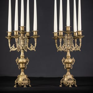 Pair of Candelabras | Two Bronze Candle Holders from the mid 1900s | Vintage Baroque Chandeliers with 10 Lights | 16.1&quot;/ 41 cm