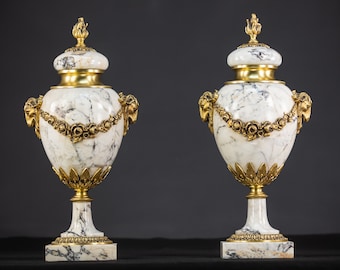 Pair of Marble Covered Urns | Two French 1800s Antique Cassolettes White Marble and Gilt Bronze Louis XVI Neoclassical Vases | 17.7 / 45 cm