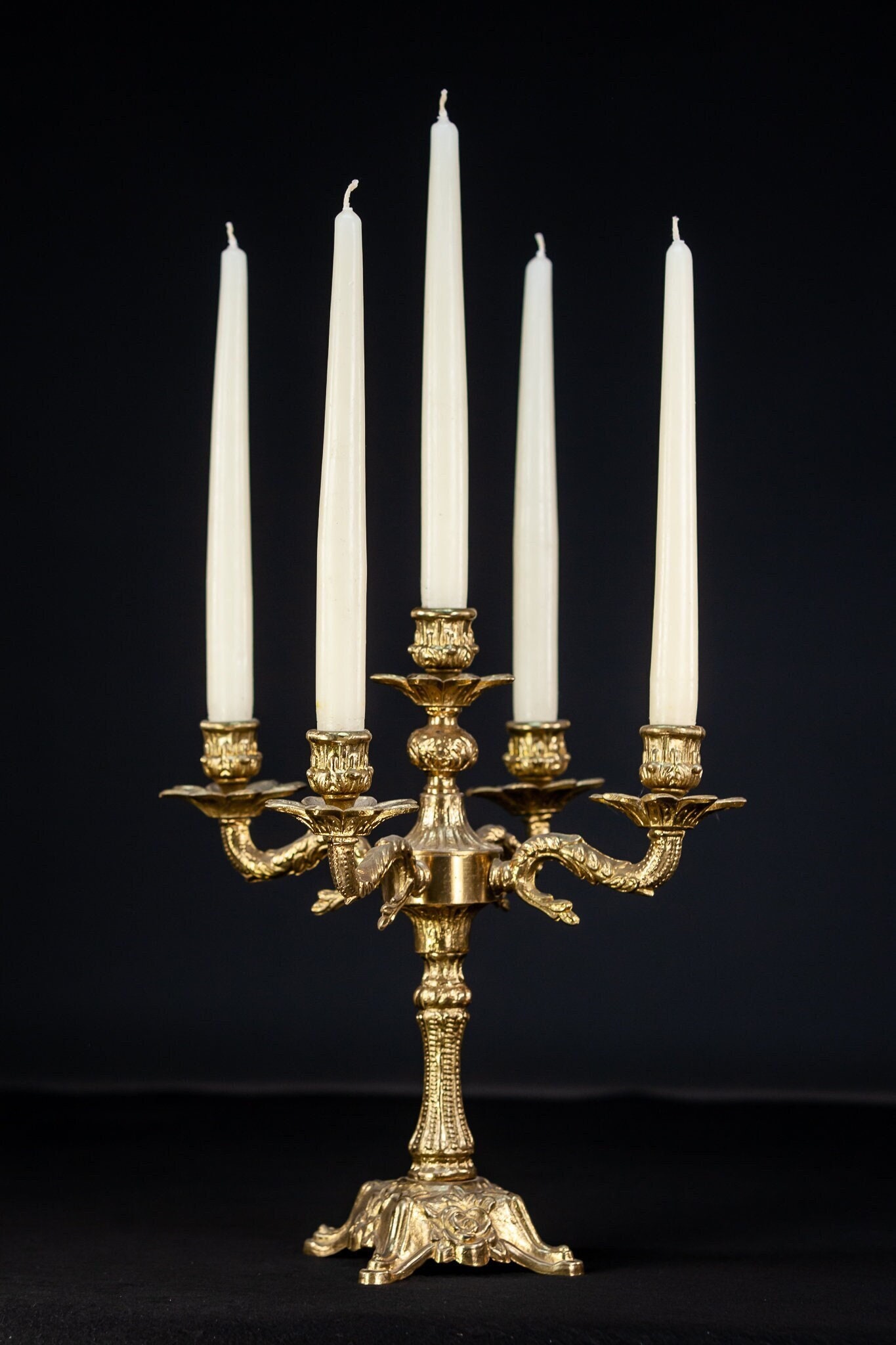 Vintage Baroque Style Brass Brevetto Candelabra That Holds 5 Total Candles  16.5
