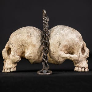 RARE Memento Mori | Italian 1700s Wooden Double Skull with Chain | 18th Century Death | Antique Vanitas | 7.3&quot; / 18.5 cm Large