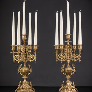 Pair of Candelabras | Two Bronze Candle Holders from the mid 1900s | Baroque Vintage Chandeliers with 10 Lights / Arms | 16.7&quot;/42.5 cm large