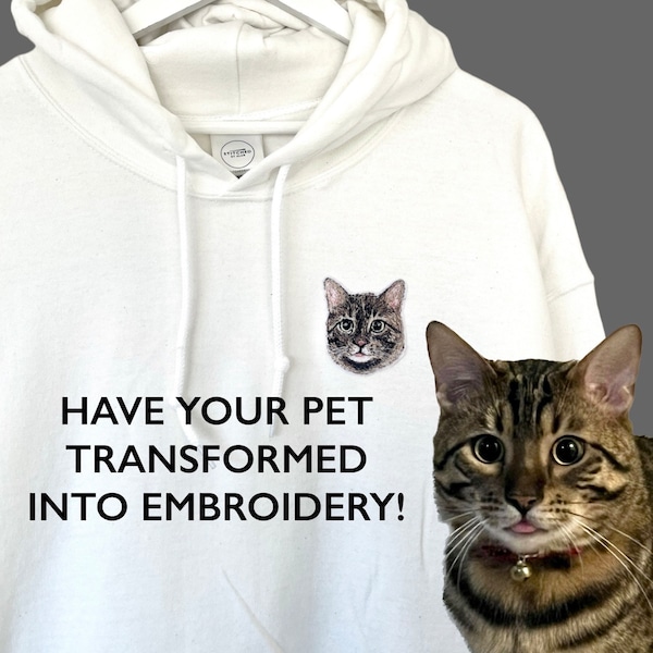 Custom Personalised Pet Portrait Embroidery  Embroidered Pet/Animal/Dog/Cat Hoodie Sweatshirt Hoody  - gift for dog or cat lover